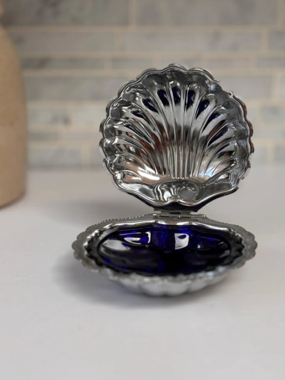 Vintage Chrome Clam Dish With Cobalt Blue Glass Dish